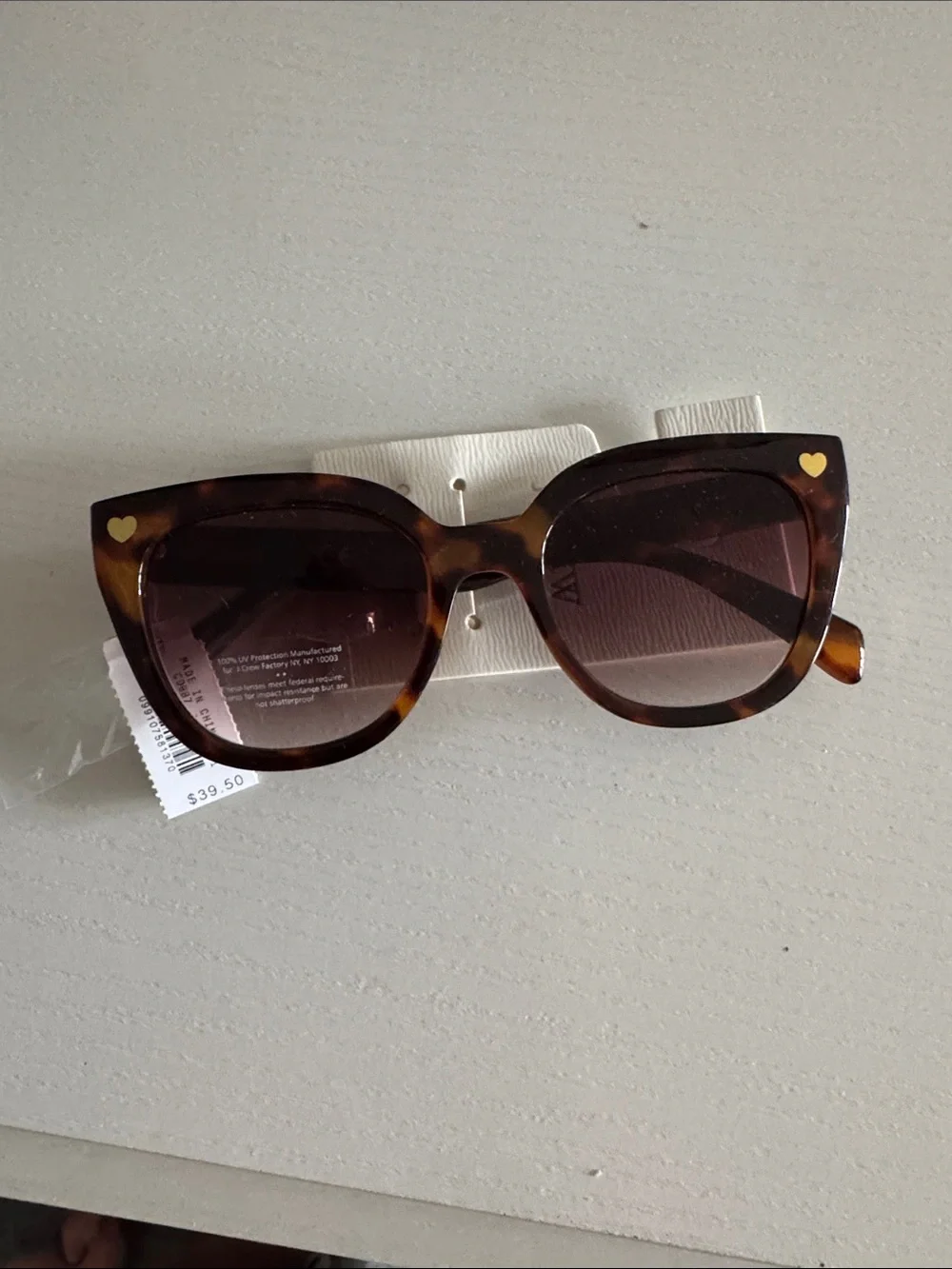 NWT J. Crew Tortoiseshell Cat-Eye Sunglasses with Gold Heart Accents - Brown